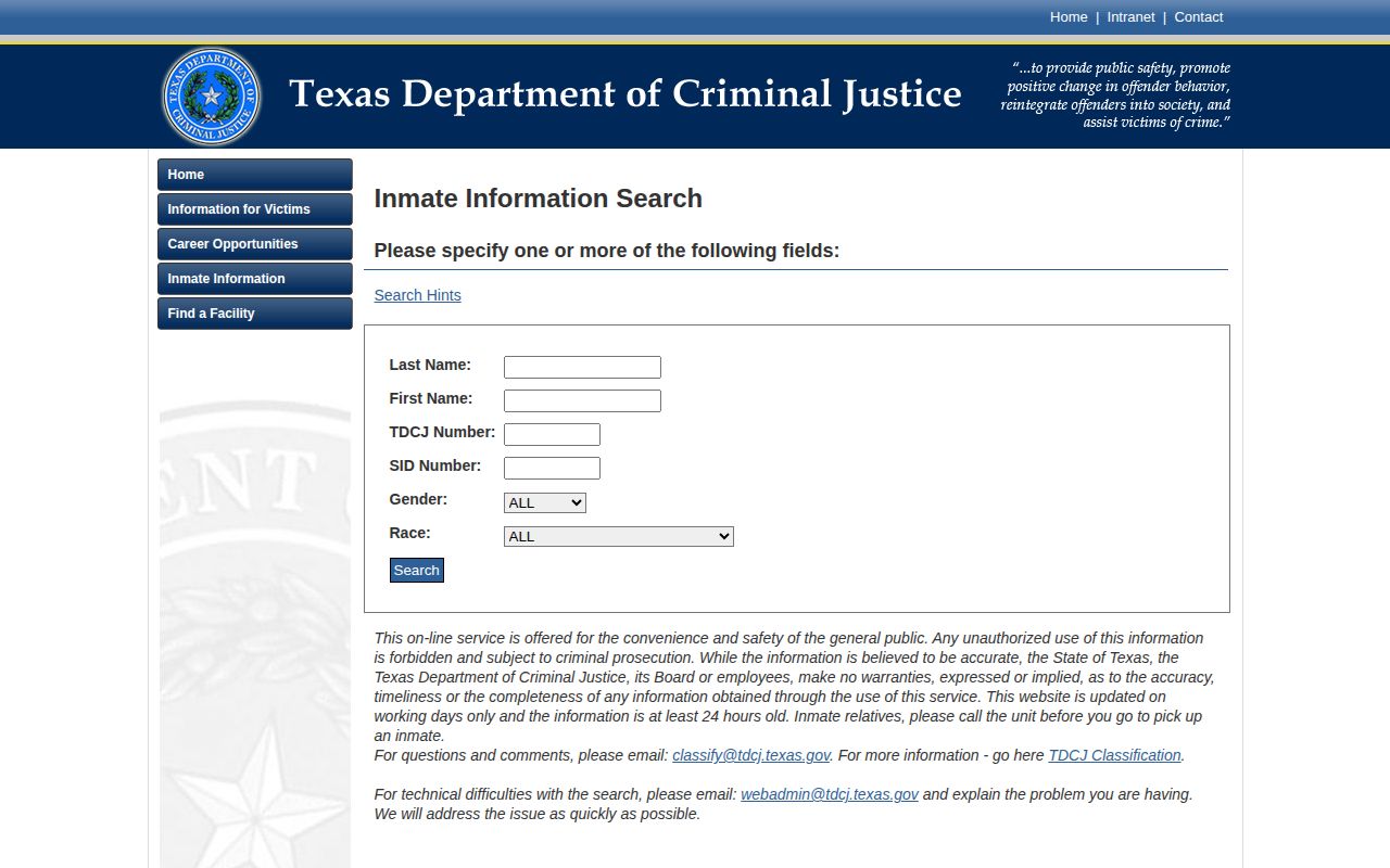 Hartley County projected release date TDCJ search form