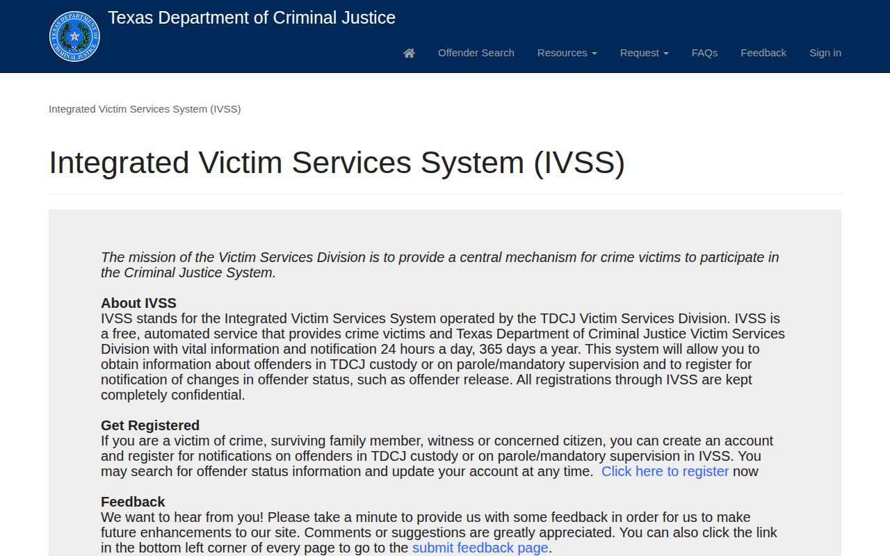 Hartley County TDCJ IVSS prison release notification portal
