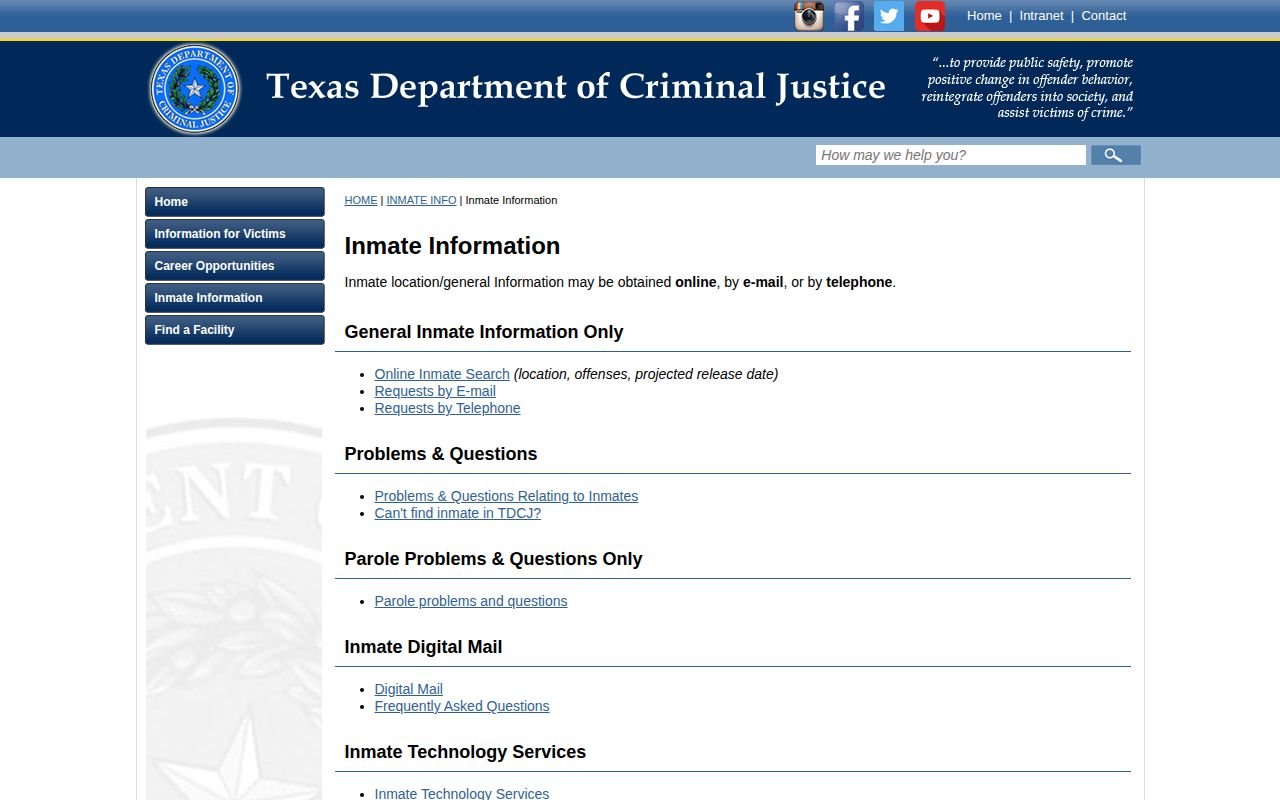 Hartley County released inmate TDCJ offender information page
